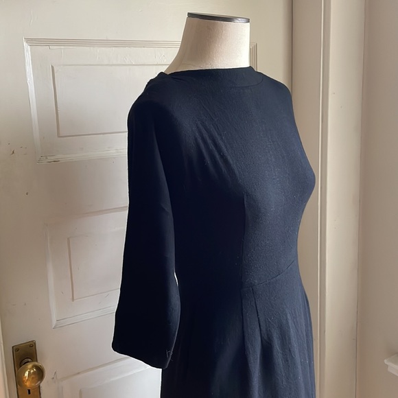 Vintage 1960’s Black Wool Wiggle Dress w Back Metal Zipper, Slash Neck & Pocket - Picture 5 of 16